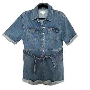 Topshop Denim Romper Shorts Size 6 Blue Jean Belt Buttons Jumpsuit PlaySuit